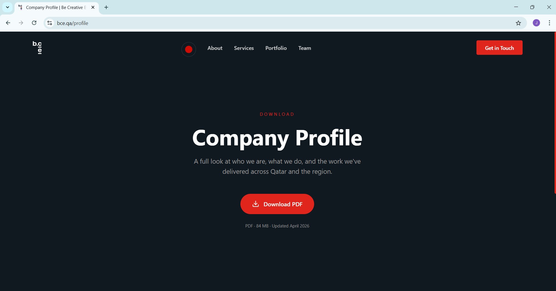 Screenshot of bce.qa/profile page showing the company profile download