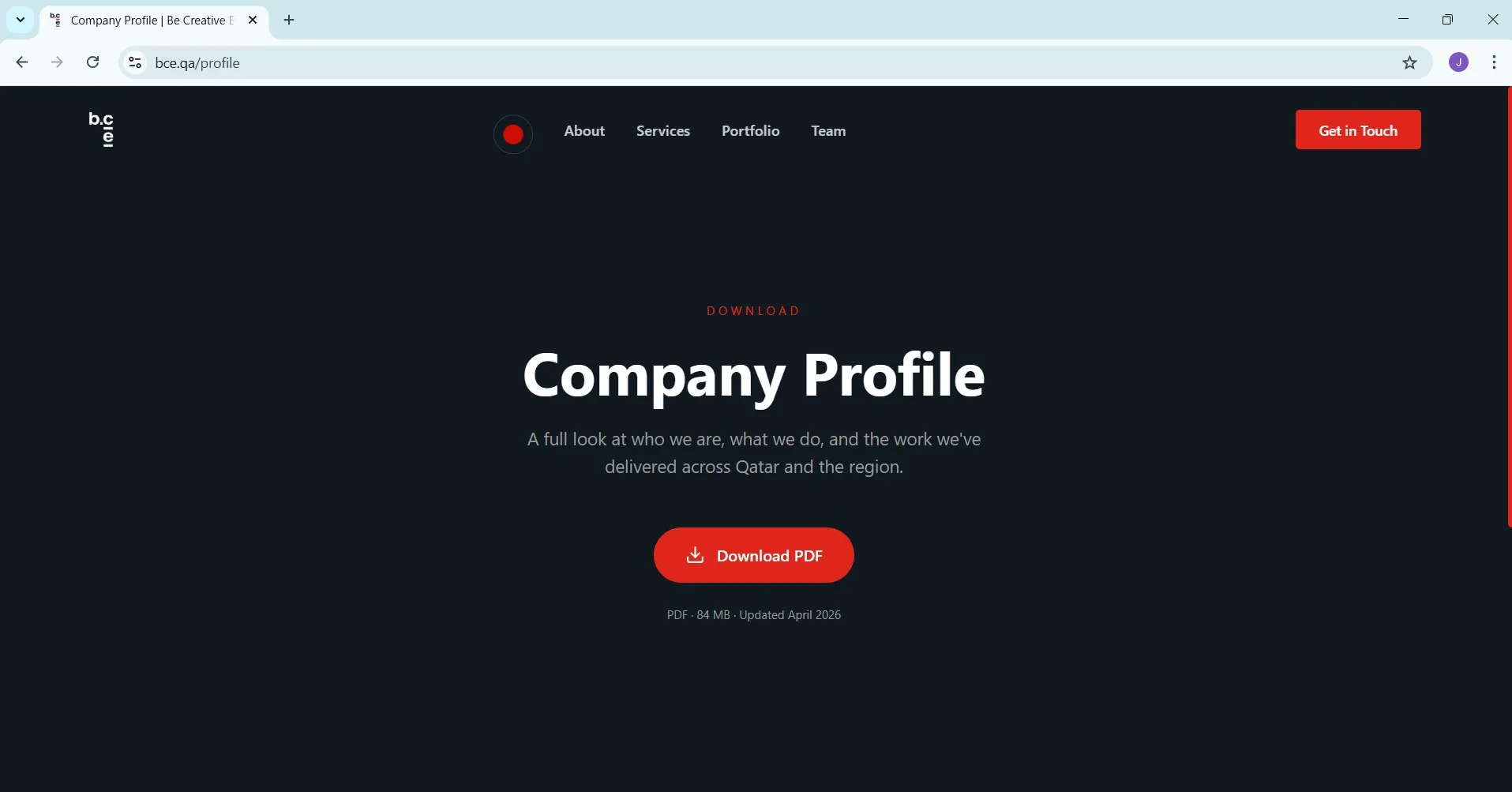 Screenshot of bce.qa/profile page showing the company profile download