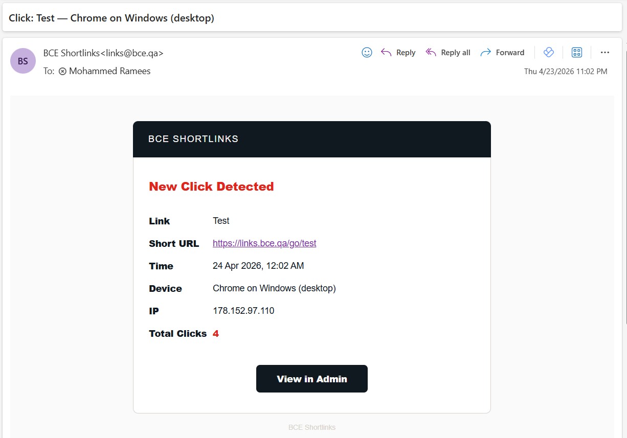 Click notification email from BCE Shortlinks showing link, device, IP, and total clicks